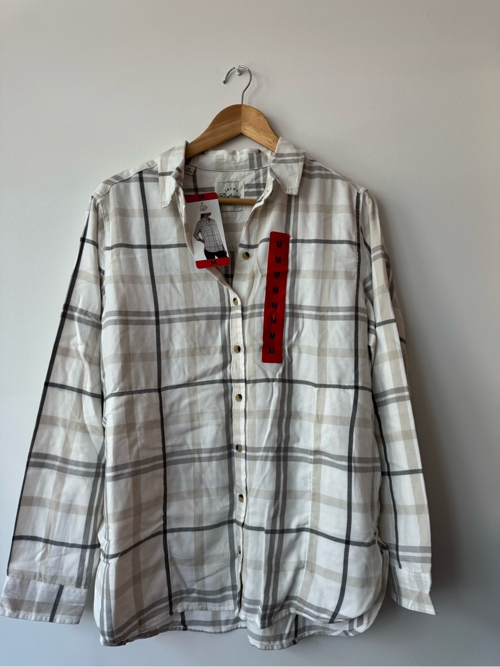 NWT JACHS Girlfriend White & Beige Plaid Long Sleeve Button-Down Shirt Size Medi